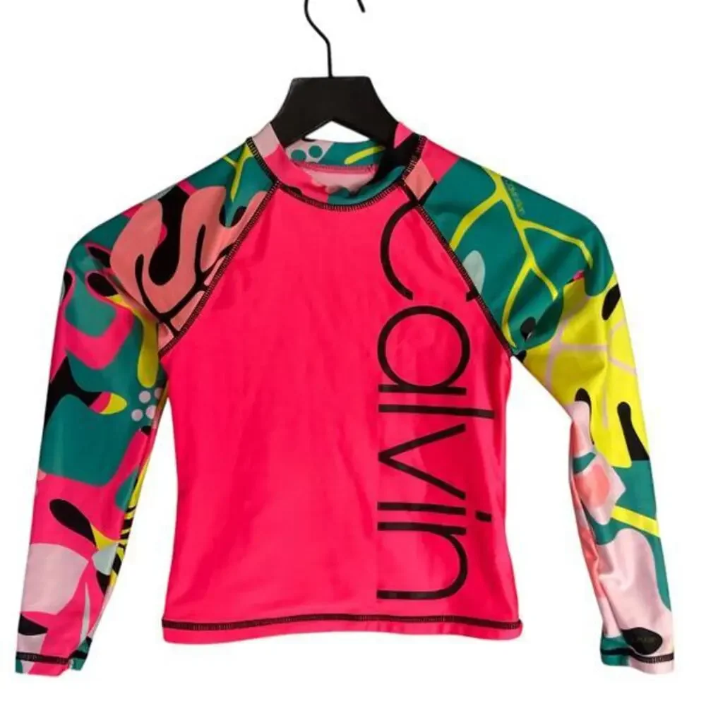 Calvin Klein Girls Rash Guard Swim Top S Pink Long Sleeve UV Protection 7 Beach